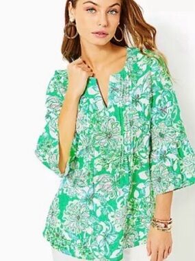 Lilly Pulitzer Green Floral V-Neck Tunic with Pink Blooms
